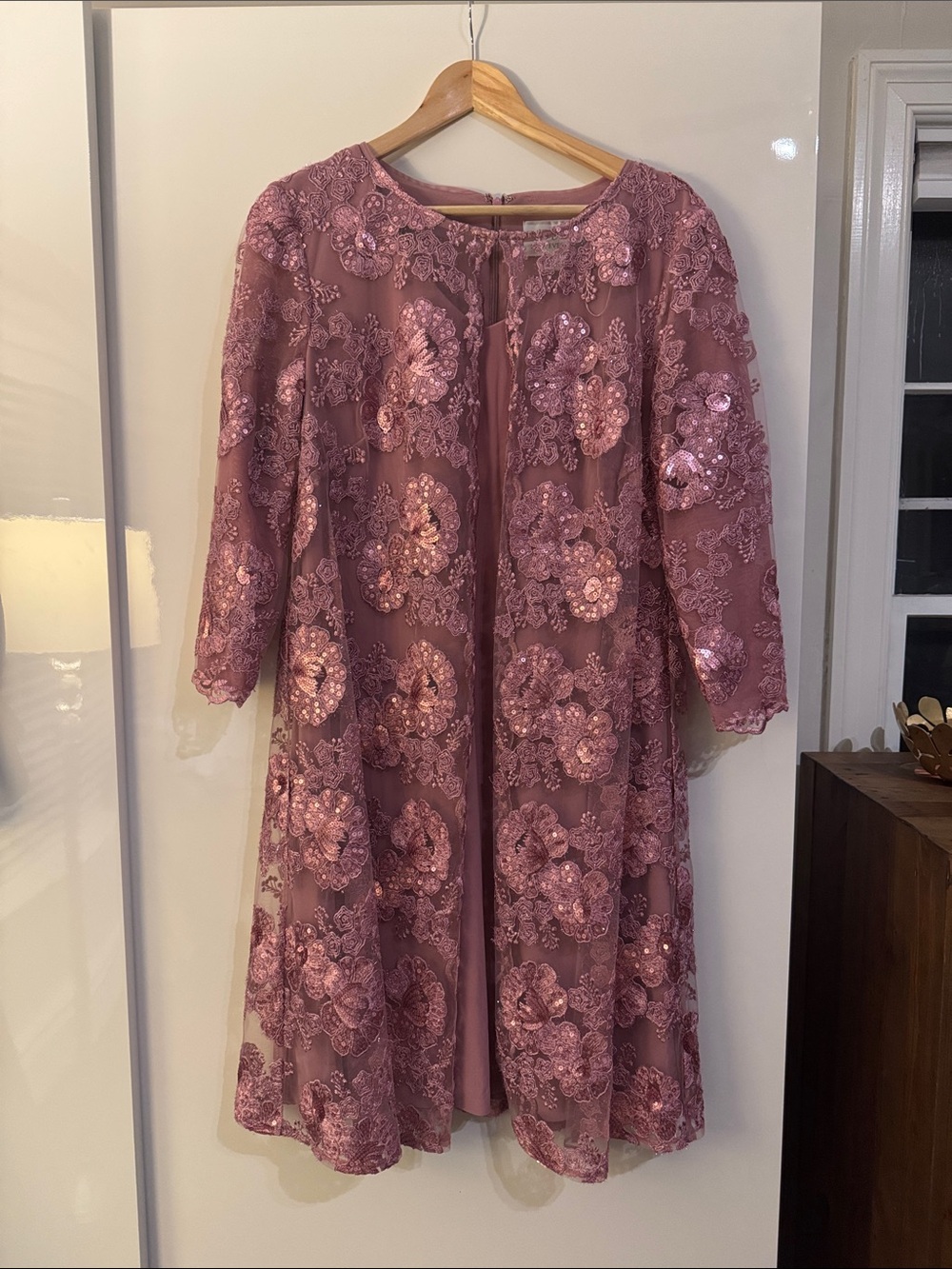 Alex Evenings Rose Mauve shift with attached floral sequined over coat